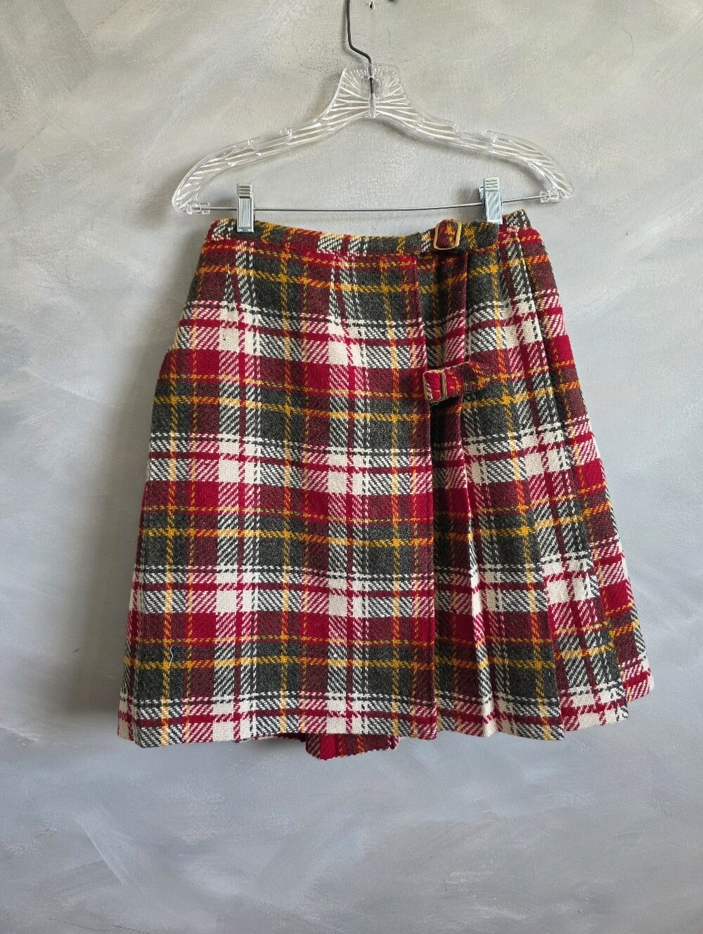 vintage 1960s tartan plaid wool skirt Wrap Kilt Red, grey, yellow check 11/12